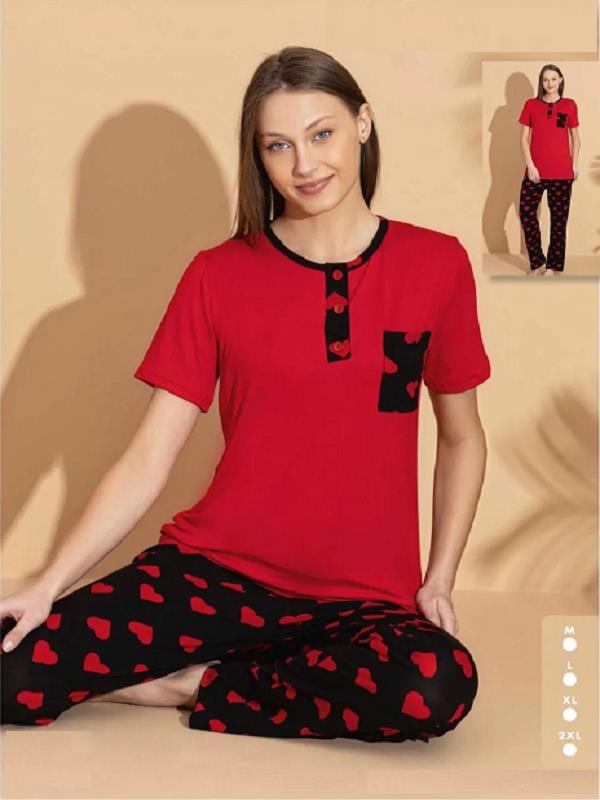 Kısa Kollu Kalpli Pijama